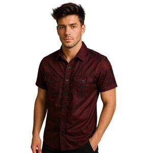 Y2K Guess Men's Short Sleeve Button Up Shirt Burgundy Military Style M